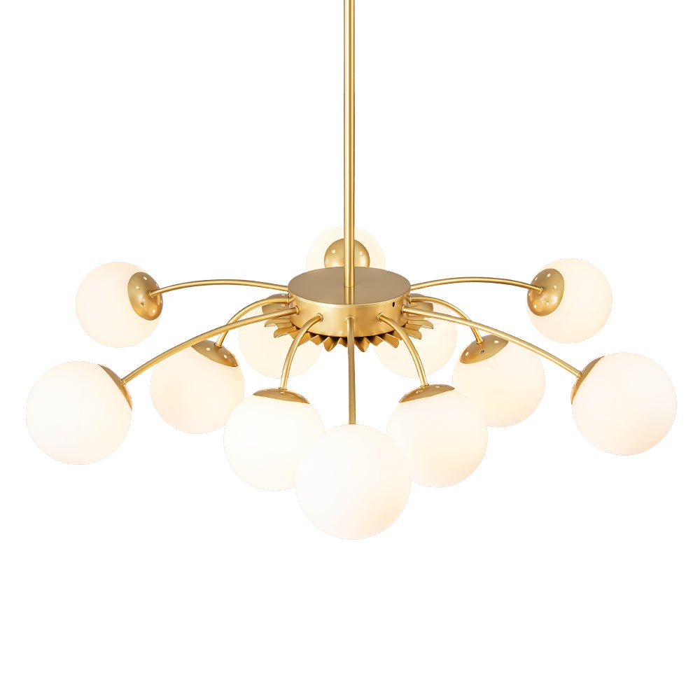 Frosted Globe Semi Flush Ceiling Light 12-Arm Brass Starburst Chandelier for Dining Room Mid Century Modern