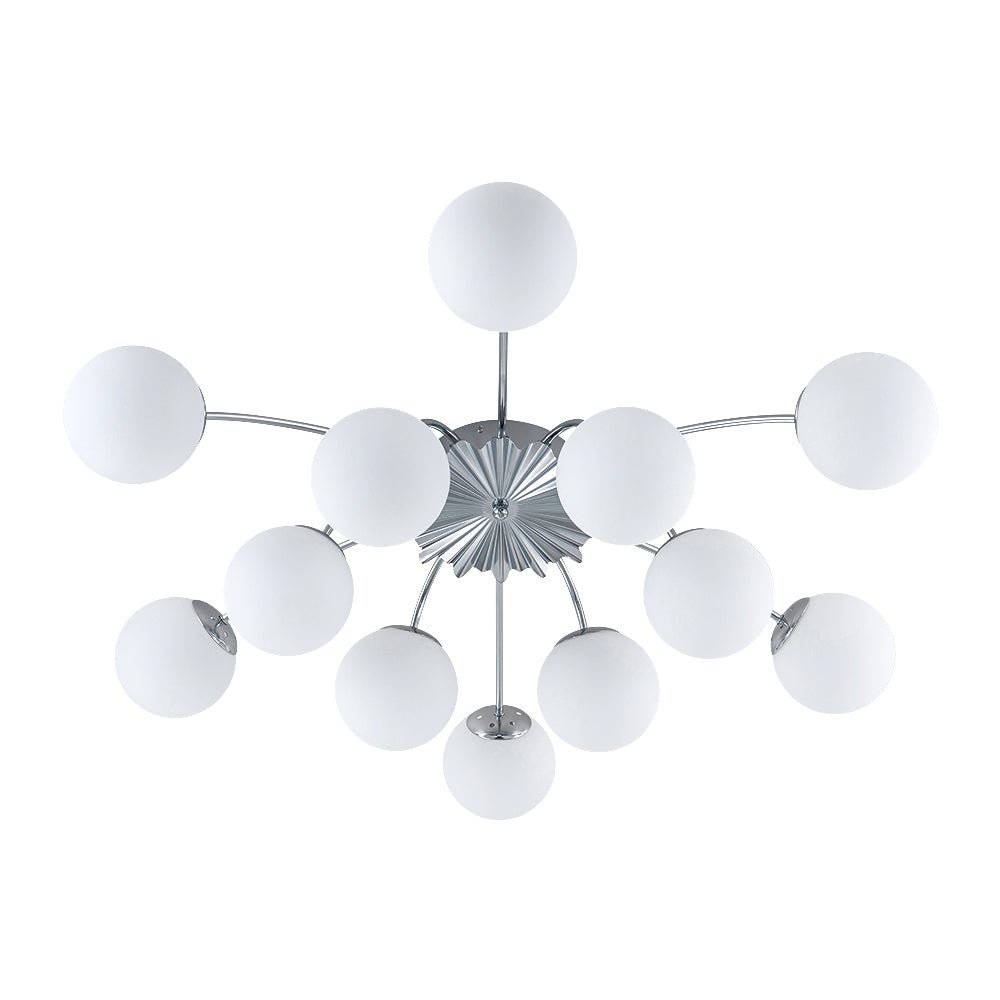 Frosted Globe Semi Flush Ceiling Light 12-Arm Brass Starburst Chandelier for Dining Room Mid Century Modern