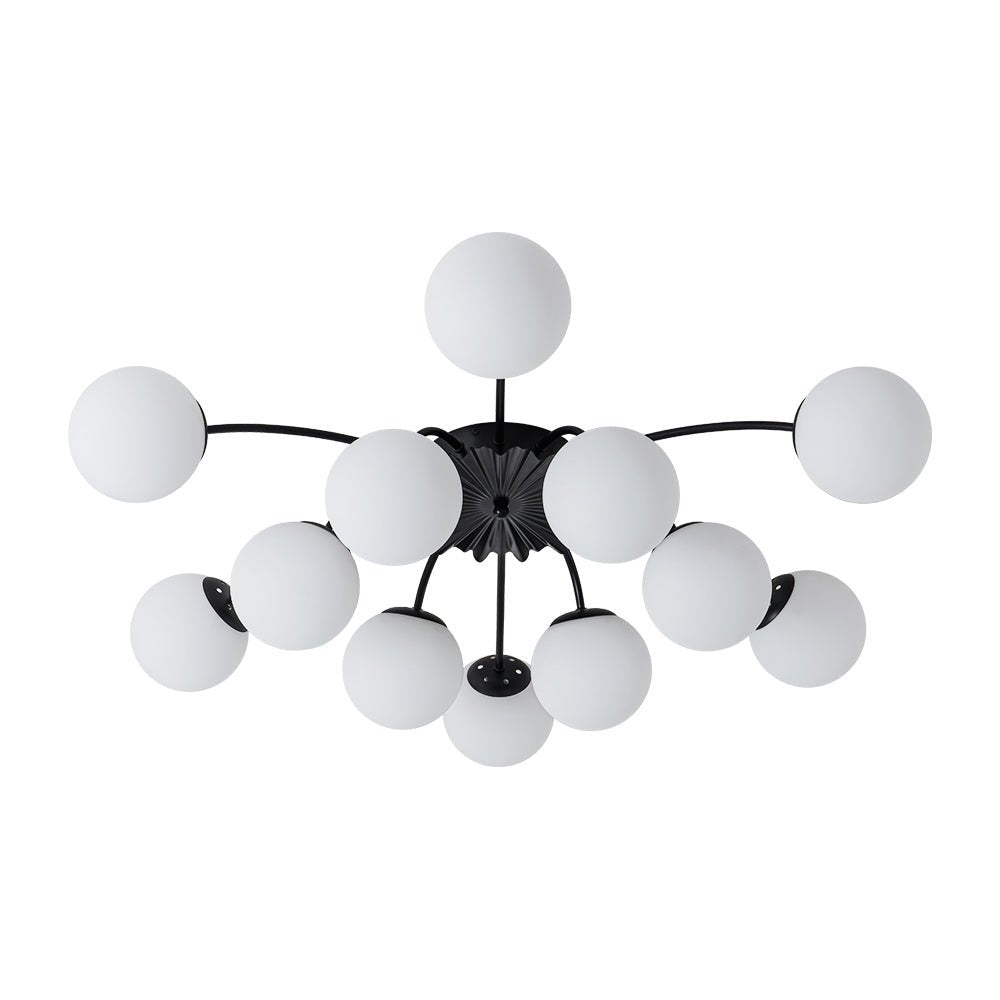 Frosted Globe Semi Flush Ceiling Light 12-Arm Brass Starburst Chandelier for Dining Room Mid Century Modern