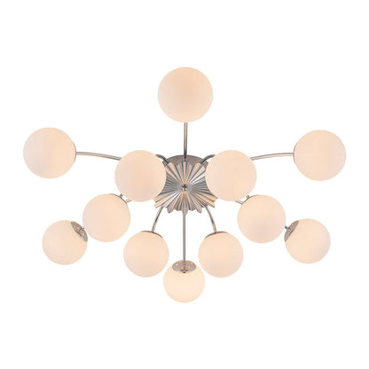 Frosted Globe Semi Flush Ceiling Light 12-Arm Brass Starburst Chandelier for Dining Room Mid Century Modern