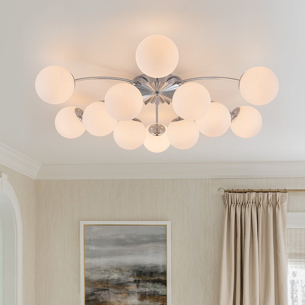 Frosted Globe Semi Flush Ceiling Light 12-Arm Brass Starburst Chandelier for Dining Room Mid Century Modern