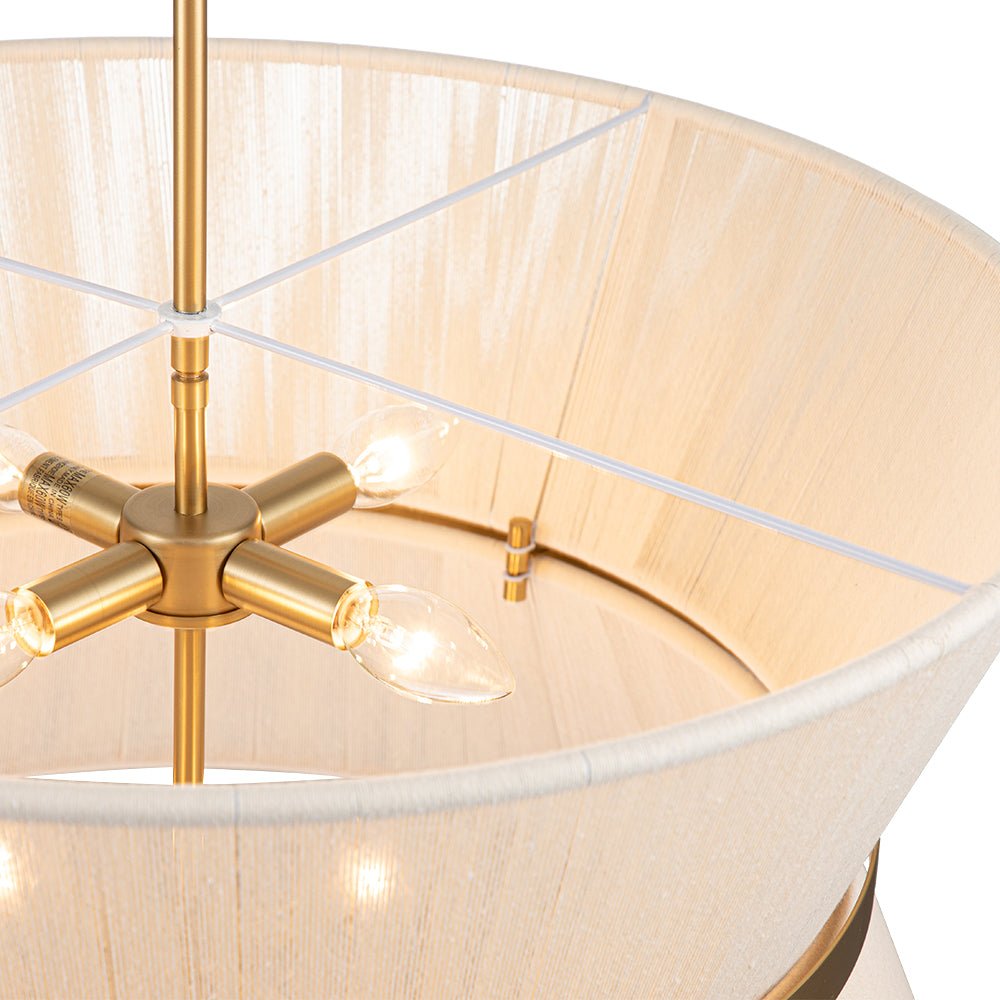 Woven Cotton Rope Drum Chandelier with Adjustable Height – 24 in Brushed Brass Fixture for Kitchen Island, Dining Table & Modern Farmhouse I