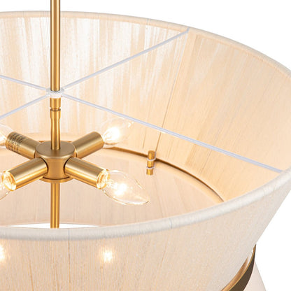 Woven Cotton Rope Drum Chandelier with Adjustable Height – 24 in Brushed Brass Fixture for Kitchen Island, Dining Table & Modern Farmhouse I