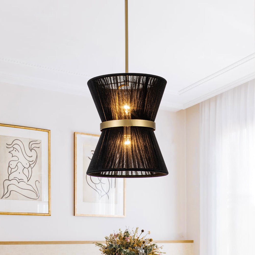 Woven Cotton Rope Drum Chandelier with Adjustable Height – 24 in Brushed Brass Fixture for Kitchen Island, Dining Table & Modern Farmhouse I