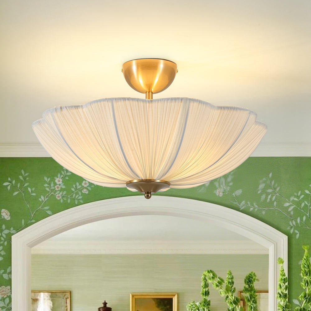 Three-Light Ceiling Lamp with Gathered Fabric Dome and Brass Accents