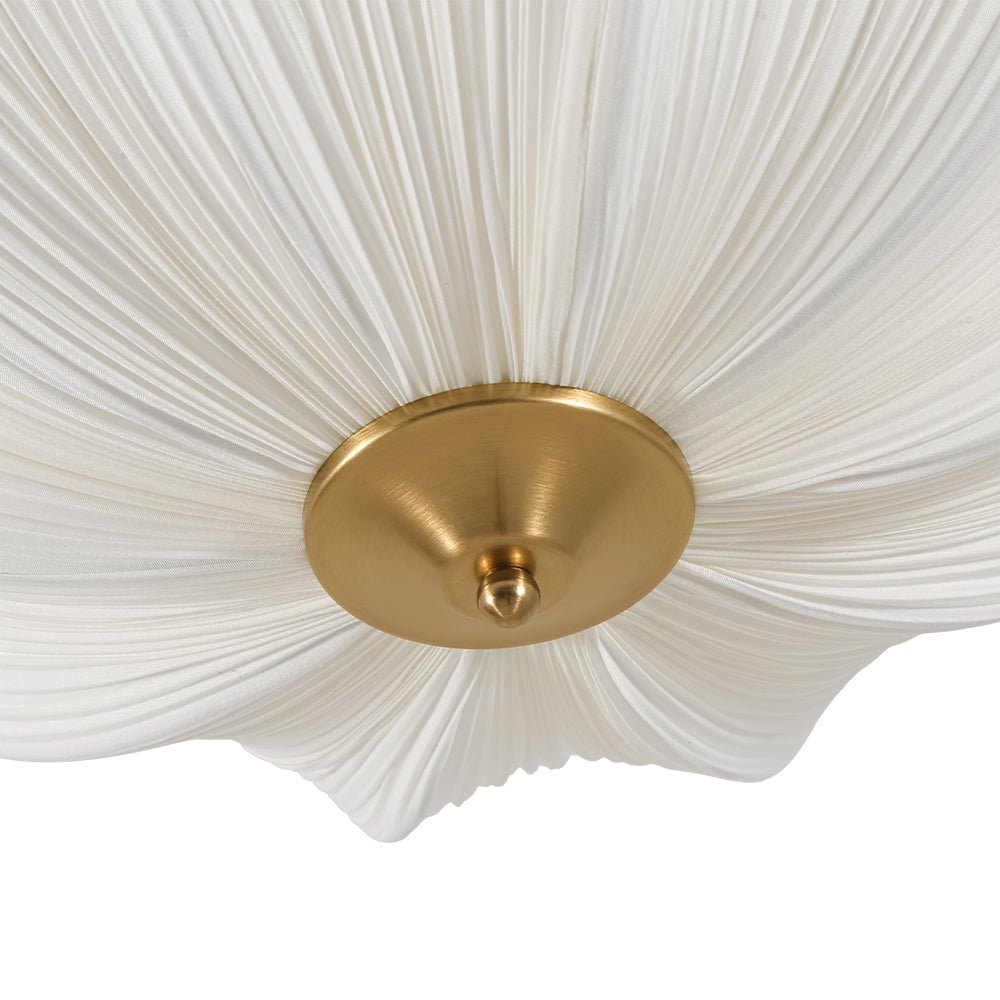Three-Light Ceiling Lamp with Gathered Fabric Dome and Brass Accents