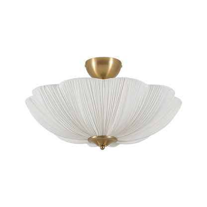 Three-Light Ceiling Lamp with Gathered Fabric Dome and Brass Accents