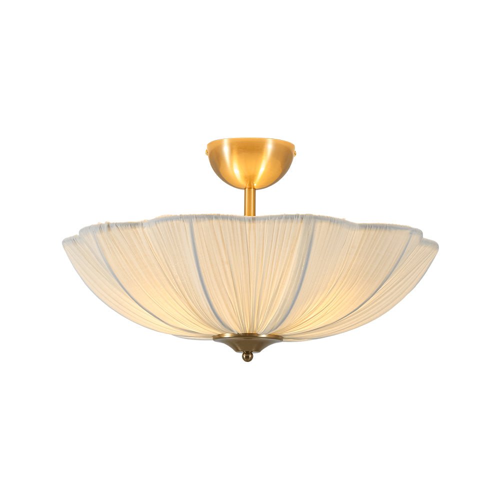 Three-Light Ceiling Lamp with Gathered Fabric Dome and Brass Accents