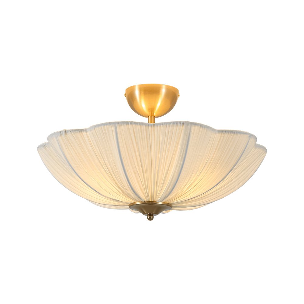 Three-Light Ceiling Lamp with Gathered Fabric Dome and Brass Accents