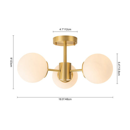 Three-Globe Semi-Flush Mount Light Fixture 19 in Brass Opal Glass for Bedroom Living Room Hallway Mid-Century Modern Ambient Lighting
