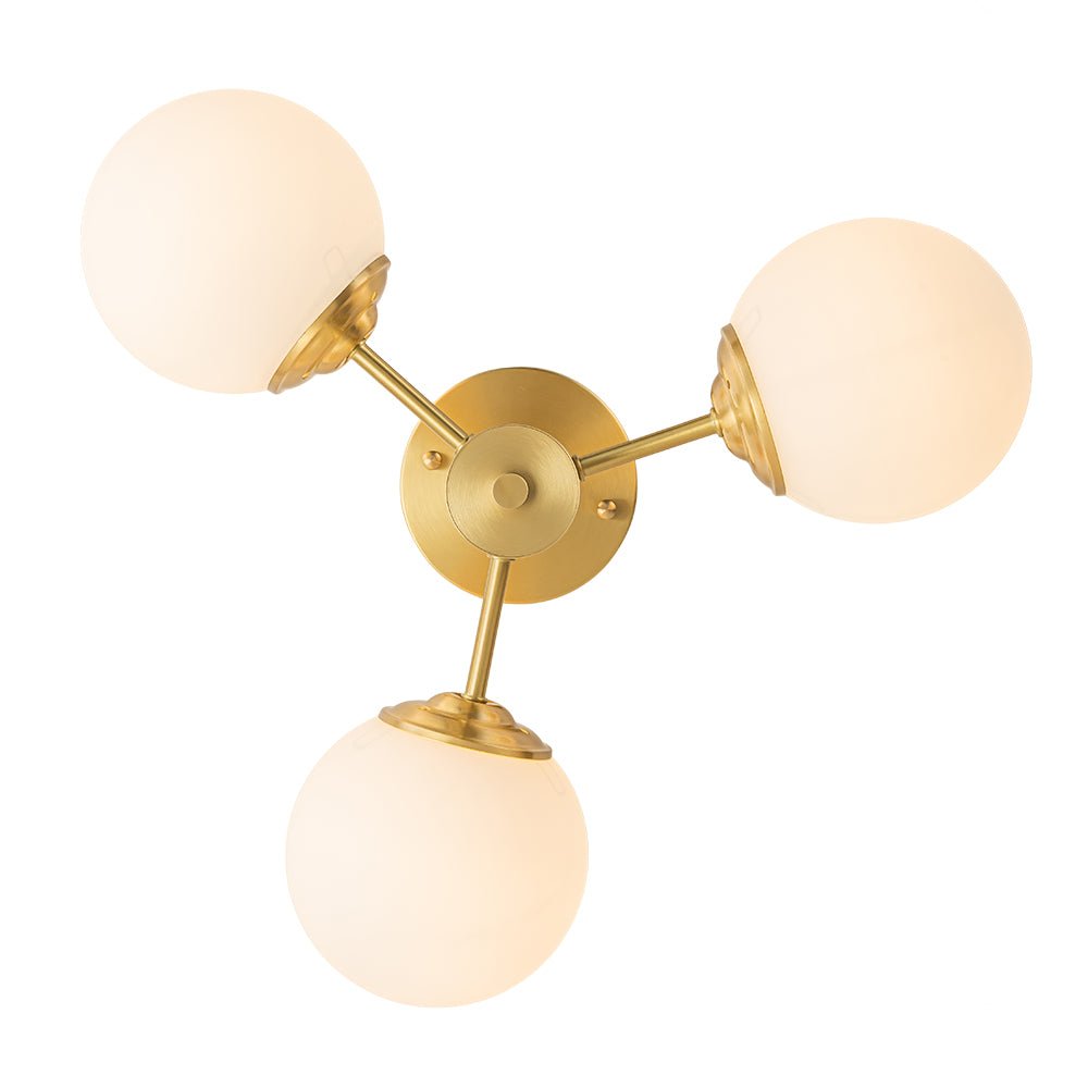 Three-Globe Semi-Flush Mount Light Fixture 19 in Brass Opal Glass for Bedroom Living Room Hallway Mid-Century Modern Ambient Lighting