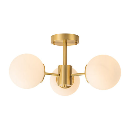 Three-Globe Semi-Flush Mount Light Fixture 19 in Brass Opal Glass for Bedroom Living Room Hallway Mid-Century Modern Ambient Lighting