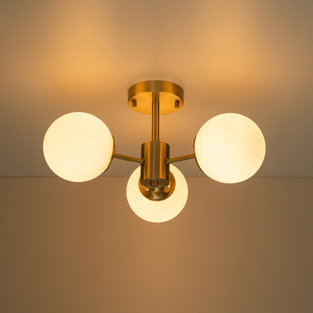 Three-Globe Semi-Flush Mount Light Fixture 19 in Brass Opal Glass for Bedroom Living Room Hallway Mid-Century Modern Ambient Lighting