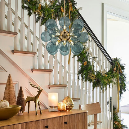 18-Light Glass Globe Ceiling Chandelier Blue Orb Sputnik Design Gold Frame Adjustable Height Hardwired for Dining Room Foyer