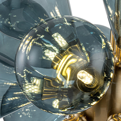 18-Light Glass Globe Ceiling Chandelier Blue Orb Sputnik Design Gold Frame Adjustable Height Hardwired for Dining Room Foyer