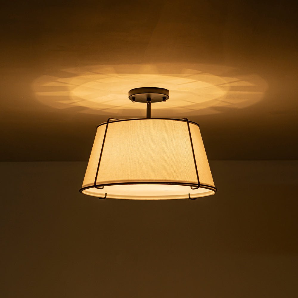 4-Light Linen Drum Semi Flush Ceiling Light with Brass Accents for Living Room, Dining Room, Bedroom | Mid-Century Modern Tapered Shade
