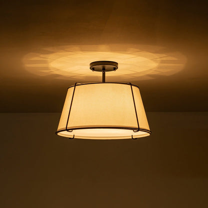 4-Light Linen Drum Semi Flush Ceiling Light with Brass Accents for Living Room, Dining Room, Bedroom | Mid-Century Modern Tapered Shade