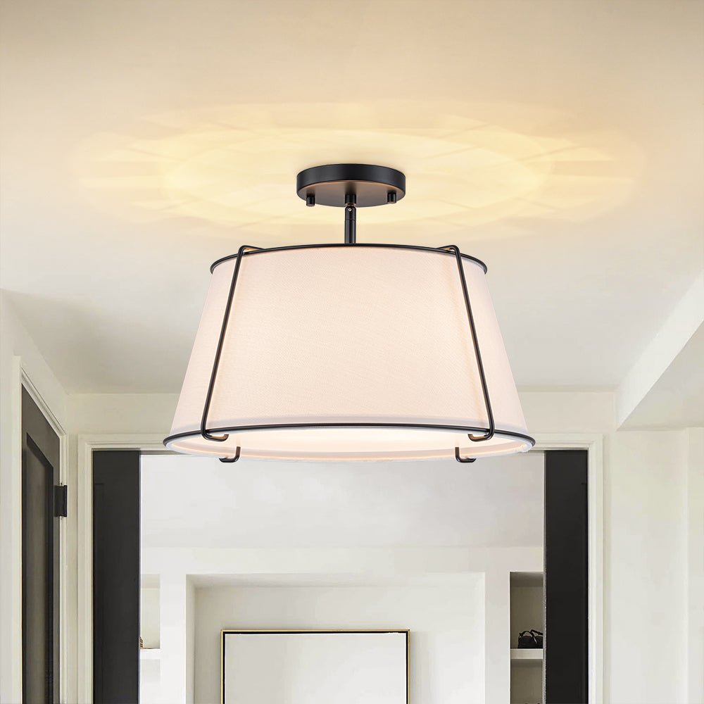 4-Light Linen Drum Semi Flush Ceiling Light with Brass Accents for Living Room, Dining Room, Bedroom | Mid-Century Modern Tapered Shade