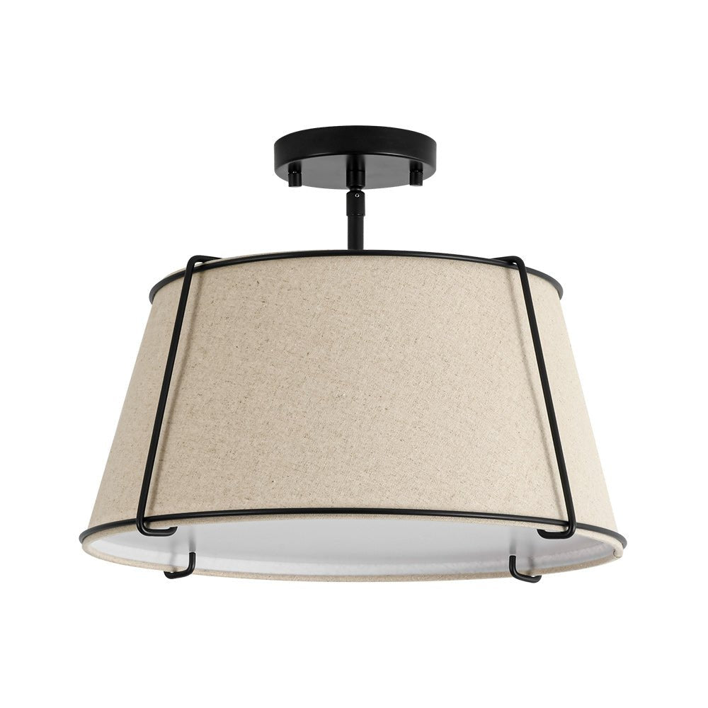 4-Light Linen Drum Semi Flush Ceiling Light with Brass Accents for Living Room, Dining Room, Bedroom | Mid-Century Modern Tapered Shade