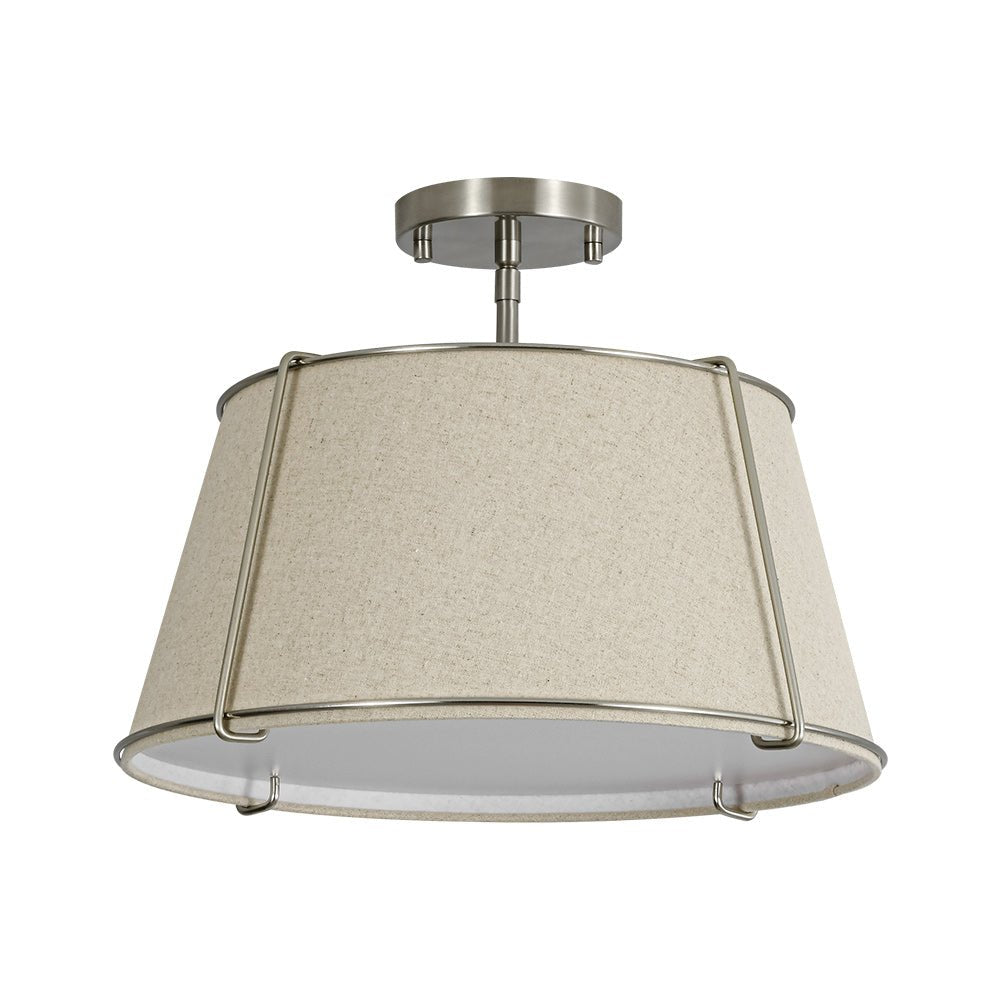 4-Light Linen Drum Semi Flush Ceiling Light with Brass Accents for Living Room, Dining Room, Bedroom | Mid-Century Modern Tapered Shade