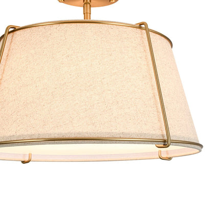 4-Light Linen Drum Semi Flush Ceiling Light with Brass Accents for Living Room, Dining Room, Bedroom | Mid-Century Modern Tapered Shade