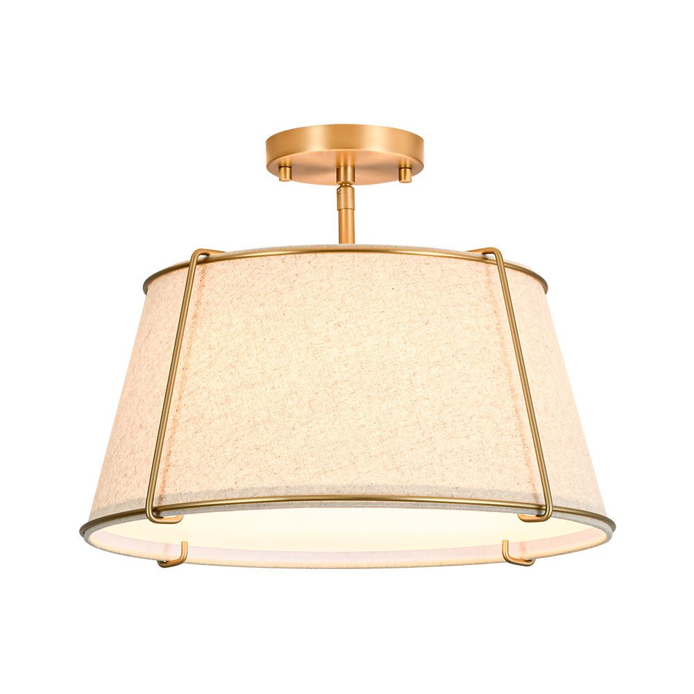 4-Light Linen Drum Semi Flush Ceiling Light with Brass Accents for Living Room, Dining Room, Bedroom | Mid-Century Modern Tapered Shade