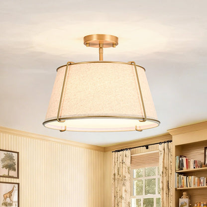 4-Light Linen Drum Semi Flush Ceiling Light with Brass Accents for Living Room, Dining Room, Bedroom | Mid-Century Modern Tapered Shade