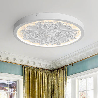 19-inch Resin LED Flush Mount Light with Relief Ornament Matte White Dimmable for Bedroom Living Room Hallway 3000K Warm Glow Decorative Low