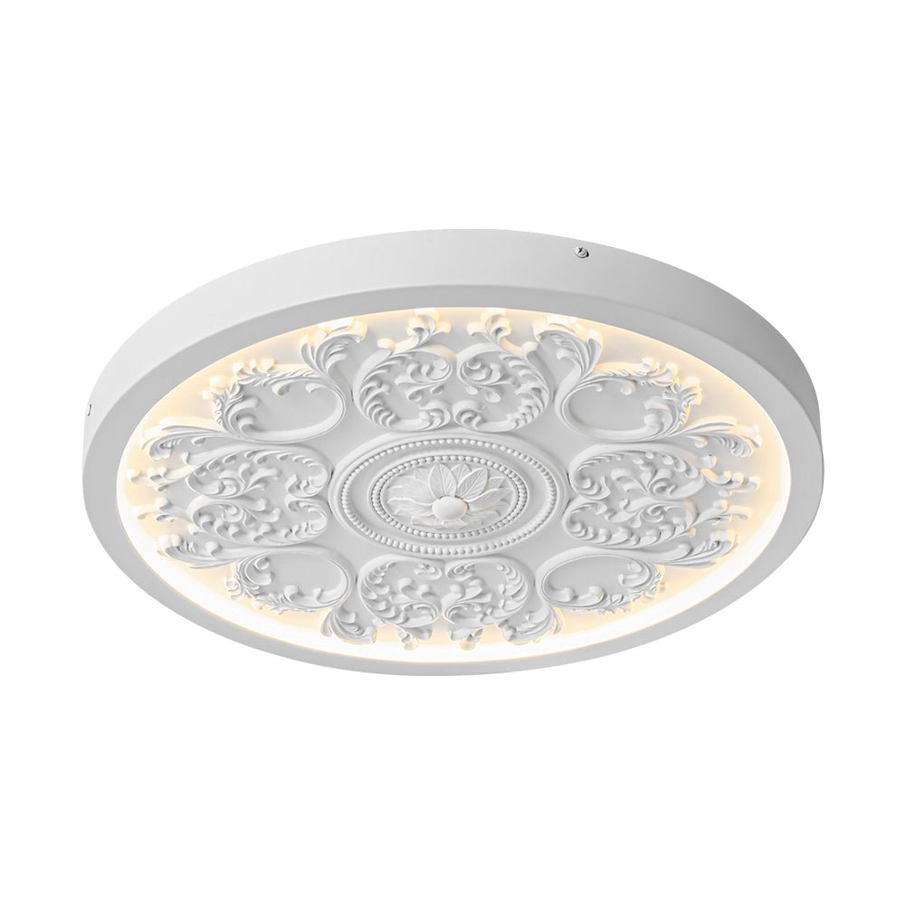 19-inch Resin LED Flush Mount Light with Relief Ornament Matte White Dimmable for Bedroom Living Room Hallway 3000K Warm Glow Decorative Low