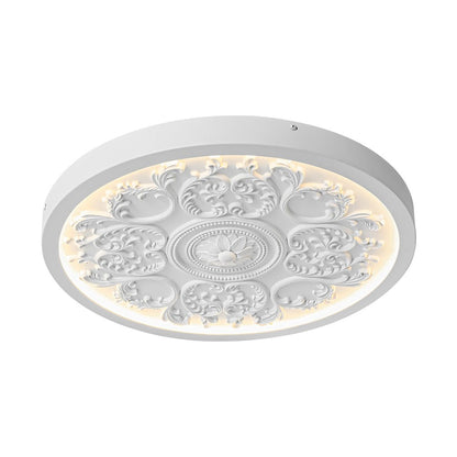 19-inch Resin LED Flush Mount Light with Relief Ornament Matte White Dimmable for Bedroom Living Room Hallway 3000K Warm Glow Decorative Low