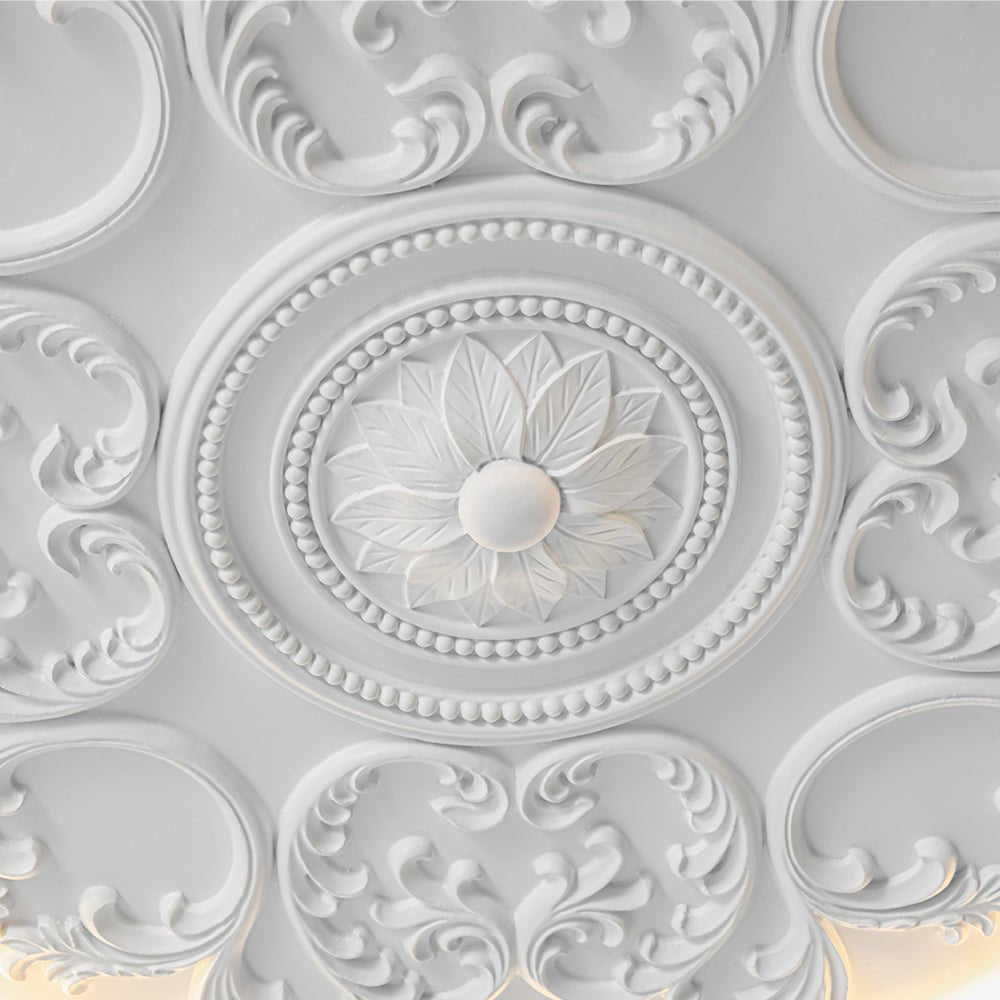 19-inch Resin LED Flush Mount Light with Relief Ornament Matte White Dimmable for Bedroom Living Room Hallway 3000K Warm Glow Decorative Low