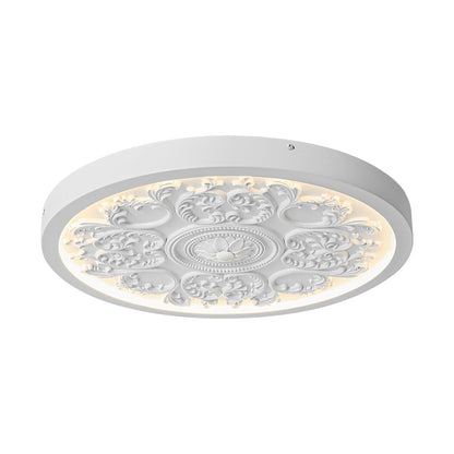 19-inch Resin LED Flush Mount Light with Relief Ornament Matte White Dimmable for Bedroom Living Room Hallway 3000K Warm Glow Decorative Low