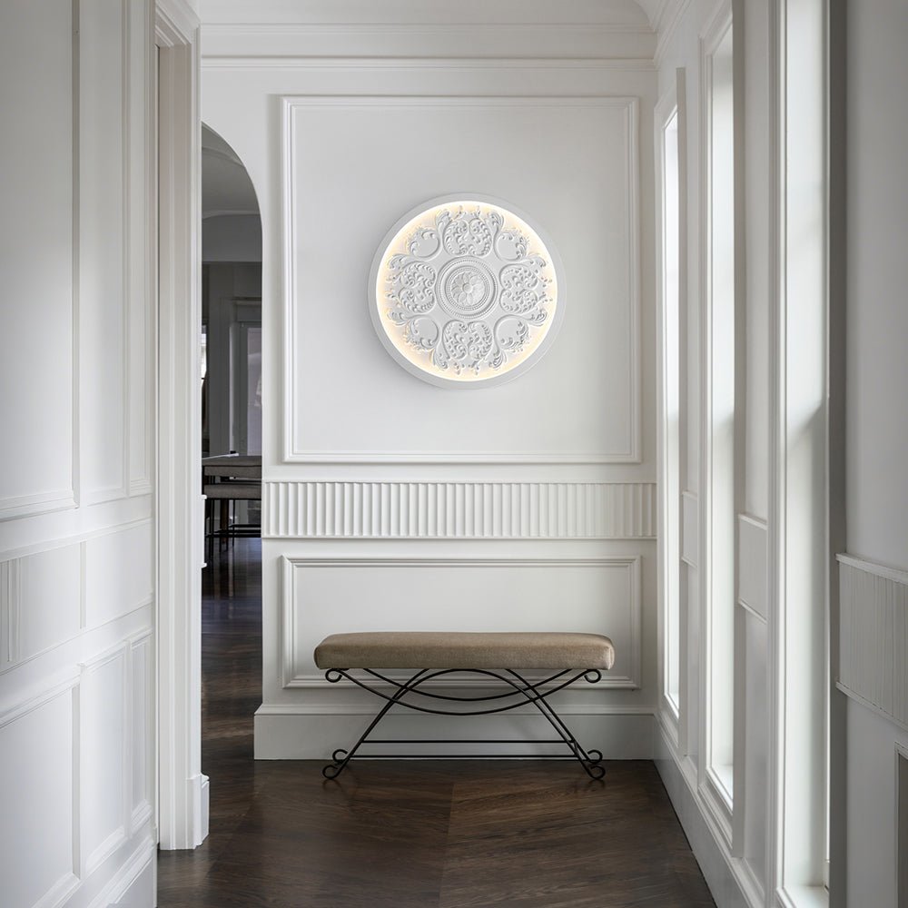 19-inch Resin LED Flush Mount Light with Relief Ornament Matte White Dimmable for Bedroom Living Room Hallway 3000K Warm Glow Decorative Low