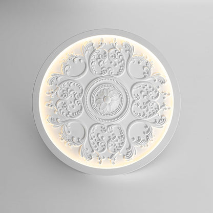 19-inch Resin LED Flush Mount Light with Relief Ornament Matte White Dimmable for Bedroom Living Room Hallway 3000K Warm Glow Decorative Low
