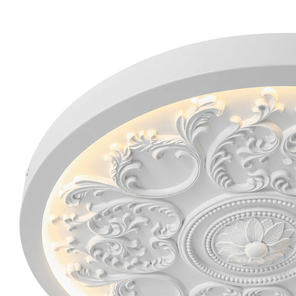 19-inch Resin LED Flush Mount Light with Relief Ornament Matte White Dimmable for Bedroom Living Room Hallway 3000K Warm Glow Decorative Low