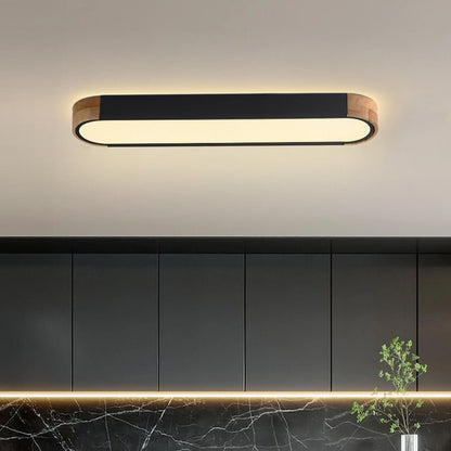 Plafonnier LED ovale fin avec détails en bois | Luminaire encastré à intensité variable pour salon et chambre | Lustre moderne extra-plat | Câblage fixe