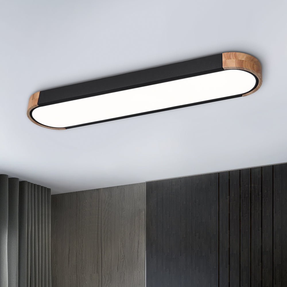 Plafonnier LED ovale fin avec détails en bois | Luminaire encastré à intensité variable pour salon et chambre | Lustre moderne extra-plat | Câblage fixe