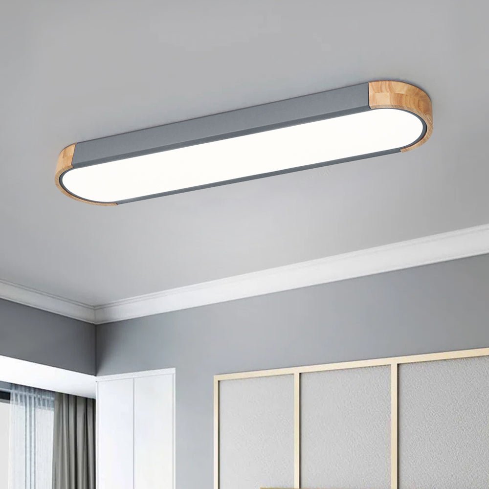 Plafonnier LED ovale fin avec détails en bois | Luminaire encastré à intensité variable pour salon et chambre | Lustre moderne extra-plat | Câblage fixe