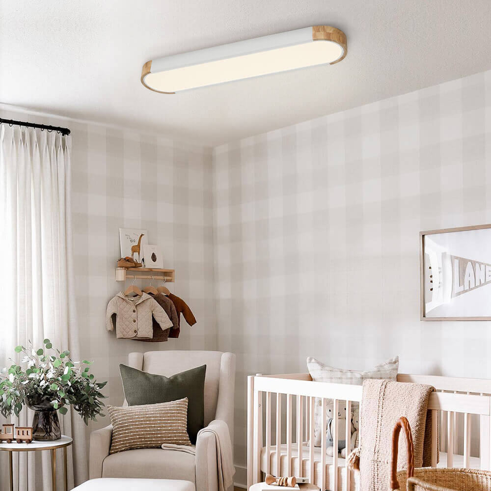 Plafonnier LED ovale fin avec détails en bois | Luminaire encastré à intensité variable pour salon et chambre | Lustre moderne extra-plat | Câblage fixe