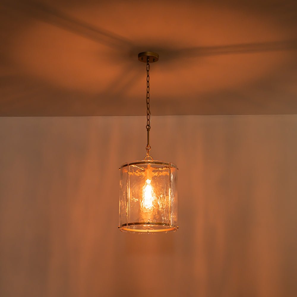 Ribbed Glass Cage Hanging Light 13 in Brass or Nickel for Kitchen Counter & Dining Table with Adjustable 79 in Chain
