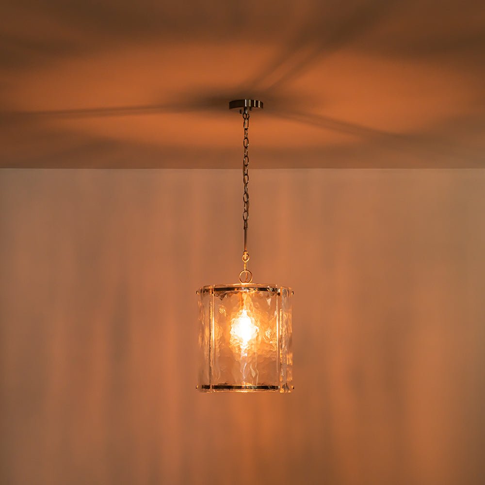 Ribbed Glass Cage Hanging Light 13 in Brass or Nickel for Kitchen Counter & Dining Table with Adjustable 79 in Chain