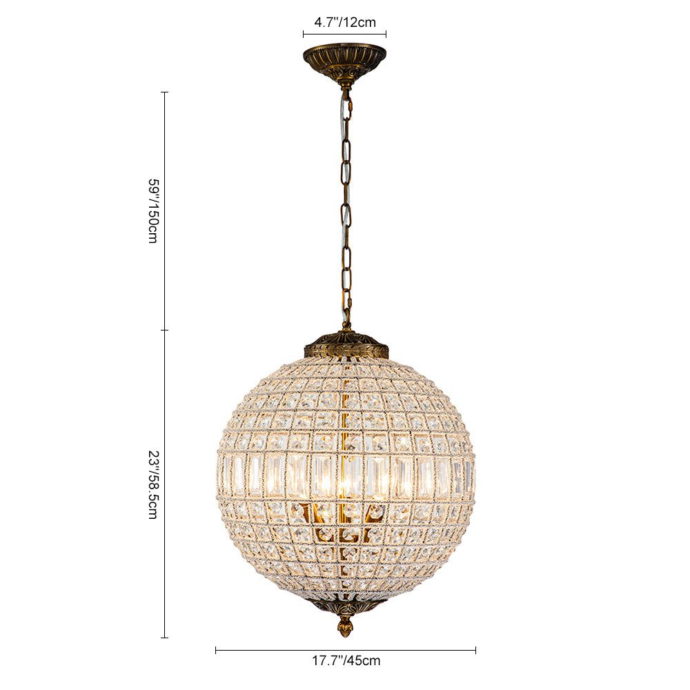 Lustre sphérique en cristal avec structure en laiton vieilli – Luminaire de plafond filaire pour salle à manger et entrée