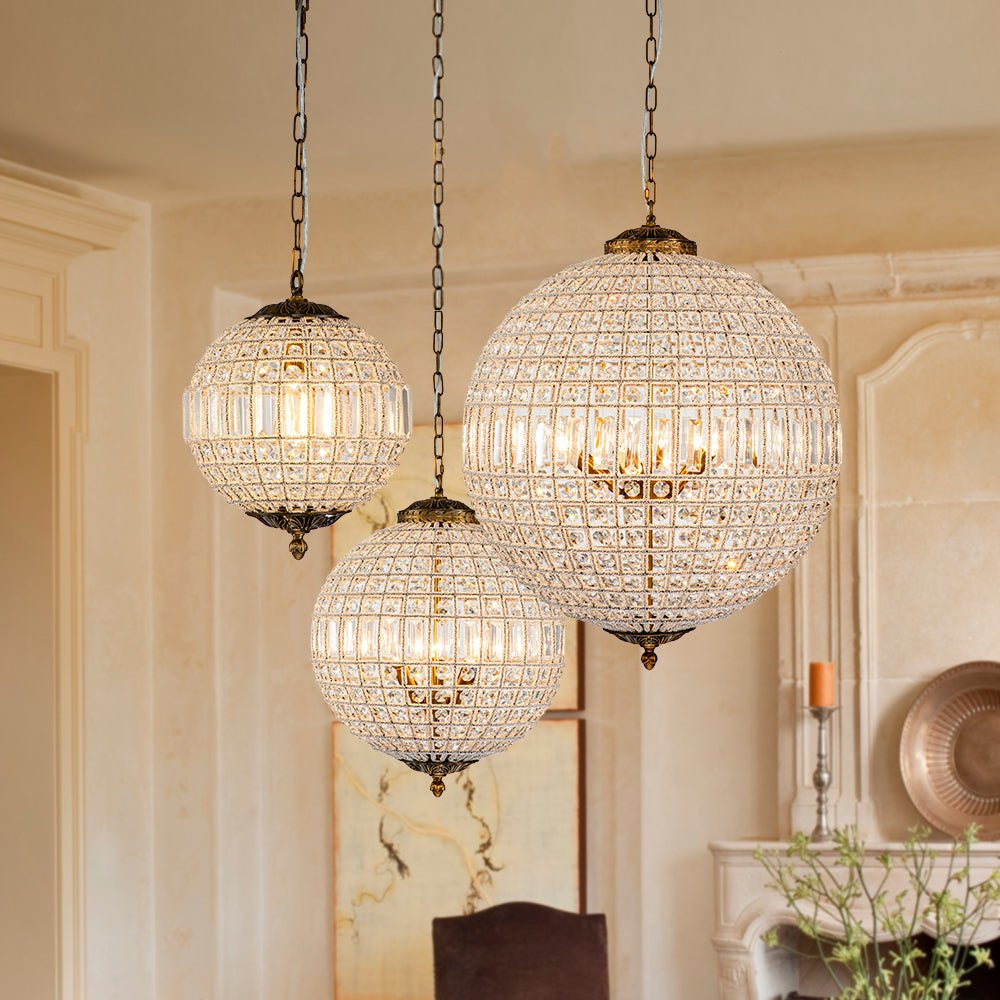 Lustre sphérique en cristal avec structure en laiton vieilli – Luminaire de plafond filaire pour salle à manger et entrée