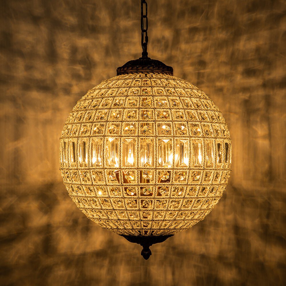 Lustre sphérique en cristal avec structure en laiton vieilli – Luminaire de plafond filaire pour salle à manger et entrée