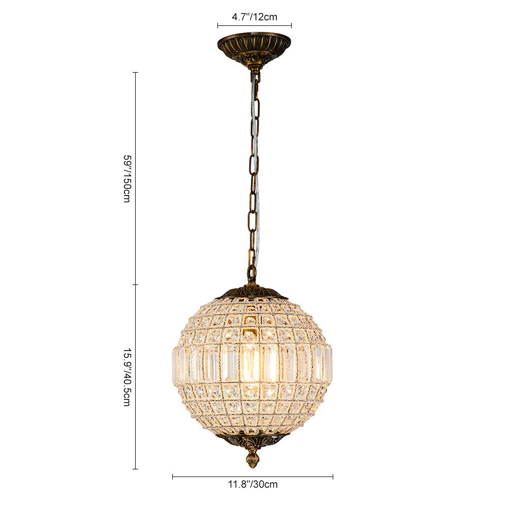 Lustre sphérique en cristal avec structure en laiton vieilli – Luminaire de plafond filaire pour salle à manger et entrée