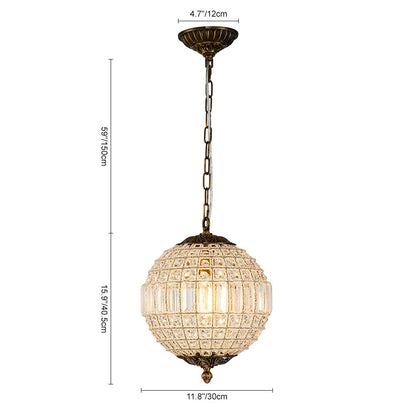 Lustre sphérique en cristal avec structure en laiton vieilli – Luminaire de plafond filaire pour salle à manger et entrée