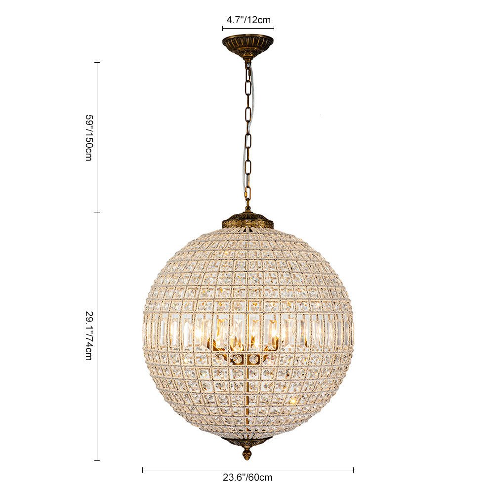 Lustre sphérique en cristal avec structure en laiton vieilli – Luminaire de plafond filaire pour salle à manger et entrée