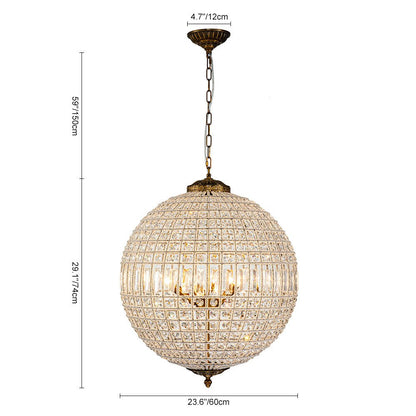 Lustre sphérique en cristal avec structure en laiton vieilli – Luminaire de plafond filaire pour salle à manger et entrée