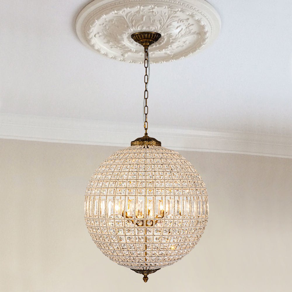 Lustre sphérique en cristal avec structure en laiton vieilli – Luminaire de plafond filaire pour salle à manger et entrée