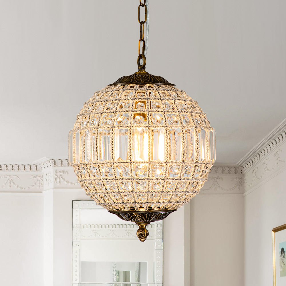 Lustre sphérique en cristal avec structure en laiton vieilli – Luminaire de plafond filaire pour salle à manger et entrée